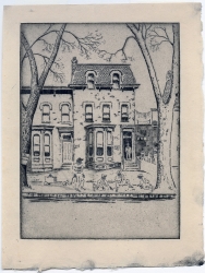 View of two attached row houses with three children playing out front. An adult is pulling a child in a wagon nearby. Original etching by Hirst Dillon Milhollen.