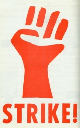 Newspaper illustration of a red hand with the word strike