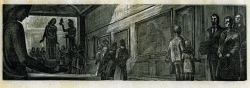 Visitors in a long museum gallery in groupings. Two large statues at the rear of the gallery. Wood engraving by Lynd Ward for USA Magazine, undated.