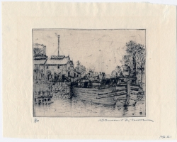 A boat along the C&O Canal in Georgetown. Etching by Benson Bond Moore.