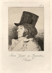 Bust length portrait of a man in top hat facing profile to left wearing a jacket. Original etching self-portrait by Francisco de Goya, 1799.