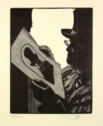 Man in a top hat and glasses seen in profile at right holding a self-portrait print. Wood engraving by Marry Moser, 1985.