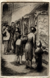 Three figures peering at artworks in a museum as distant bystanders look on. Original drypoint by Marguerite Kumm, 1977.