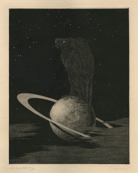 A dark image with a vulture standing on a ringed planet that looks like Saturn. Original etching and aquatint by Fritz Schwimbeck, ca. 1920.