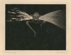 A crouching skeleton looks out at viewer with beams of light emanating from his shoulders out to the right and left. A starry black sky in the background. Original etching and aquatint by Fritz Schwimbeck, ca. 1920.
