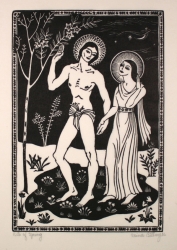 A couple holding hands standing beside a tree. The man in a loincloth and the woman in a classical gown. Original wood engraving by Mina Billmyer, 1935.