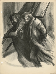 Two men walking side by side facing profile to left, wearing coats. They each carry a large shovel over their shoulder. Original Newsstand lithograph by Don Freeman.