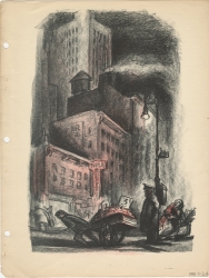 A city street at night where a man hauls a heavy cart laden with vegetables. A police officer stand behind him and an old woman looks on behind them. A streetlight bisects the composition. The scene is partially colored in red. Original Newsstand color lithograph by Don Freeman.
