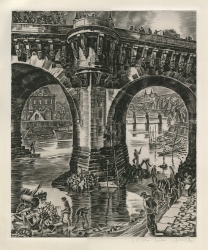 A view of the Seine River in Paris, looking through two arches of the Pont Neuf. Many figures along the banks as well as scattered debris in the water. Original engraving by Albert Decaris.