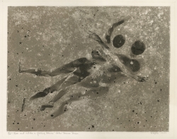 Semi-abstract view of a couple floating against a starry backdrop. Color lithograph by June Wayne, 1957