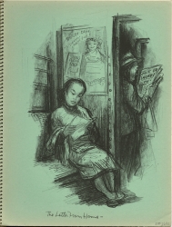 An Asian woman reads a letter, sitting in a subway car. A man behind standing reads a newspaper with the headline "Drive on Shanghai." Original Newsstand lithograph by Don Freeman.