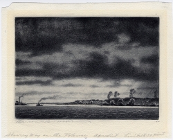 Distant panoramic view of the Potomac River on a showery day with tiny boat on left. Original aquatint by Benson Bond Moore.