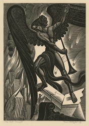 Angel holding a trumpet stands on a broken parapet looking down on a city skyline as flames and sparks surround him. Original wood engraving by Boris Artzybasheff, 1937.