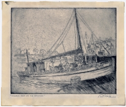 Side view of a fishing boat with four figures topside and other people on pier. Original etching by Hirst Dillon Milhollen.