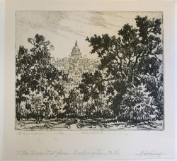 Distant view of the dome of the U.S.Capitol between trees in foreground. Etching by Benson Bond Moore.