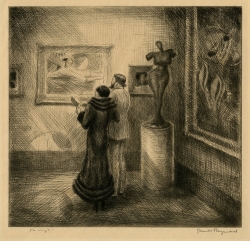 A man and woman at a museum admiring a modernist nude painting, their backs turned to the viewer. Etching by Grant Reynard ca. 1930s.