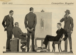 Five men in suits standing and sitting around a painting of a woman on an easel. Cosmopolitan magazine advertisement by John Sheridan, April 1915