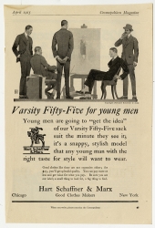 Five men in suits standing or sitting around a painting of a woman on an easel. Full sheet advertisement in Cosmopolitan Magazine April 1915 by John Sheridan.