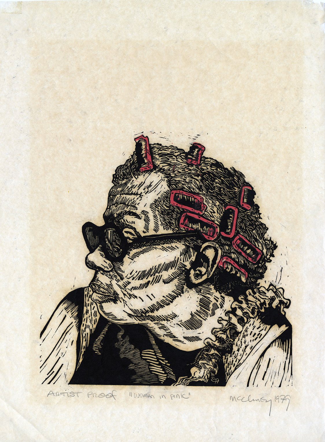 In this three-quarter profile portrait of a woman, the only color comes from the pink of the curlers she wears in her hair. Color linocut by Edward McCluney.