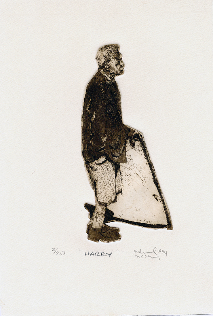This side-profile portrait depicts a man holding a cane and walking. Shaped plate etching and aquatint by Edward McCluney.