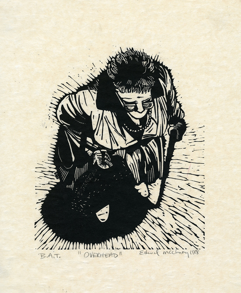 A short-haired woman is depicted wearing glasses, pearls, and holding a cane. The foreshortened perspective gives the illusion that the woman is seen from a bird's-eye view. Linocut by Edward McCluney.