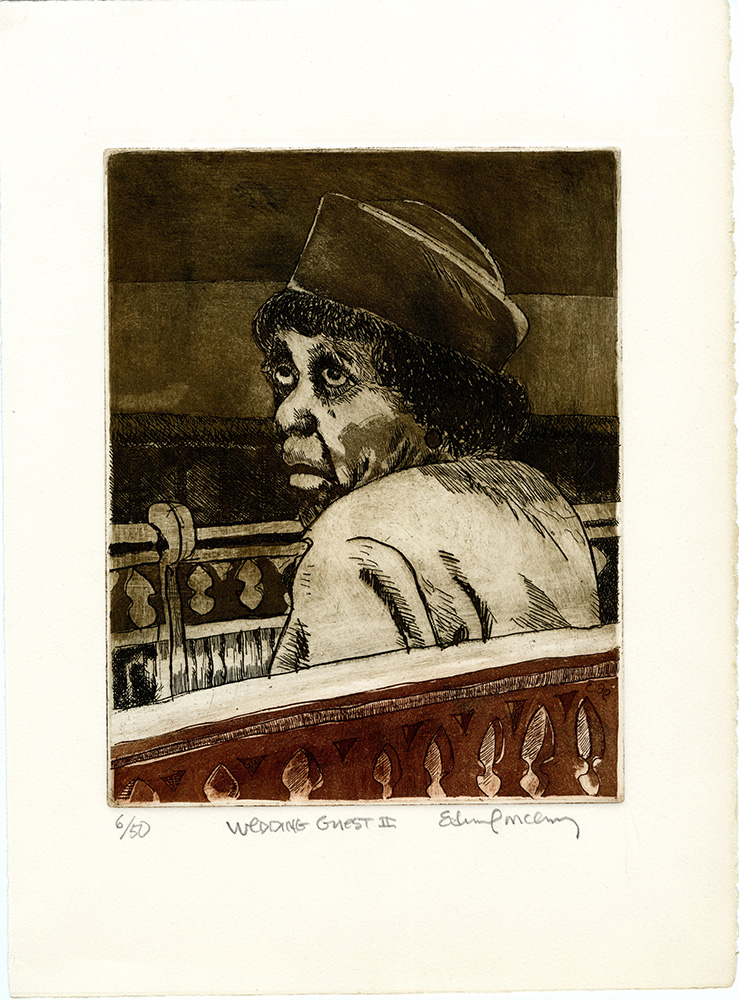 Woman in a hat looking over her shoulder in a church pew, sepia etching by Edward McCluney. 