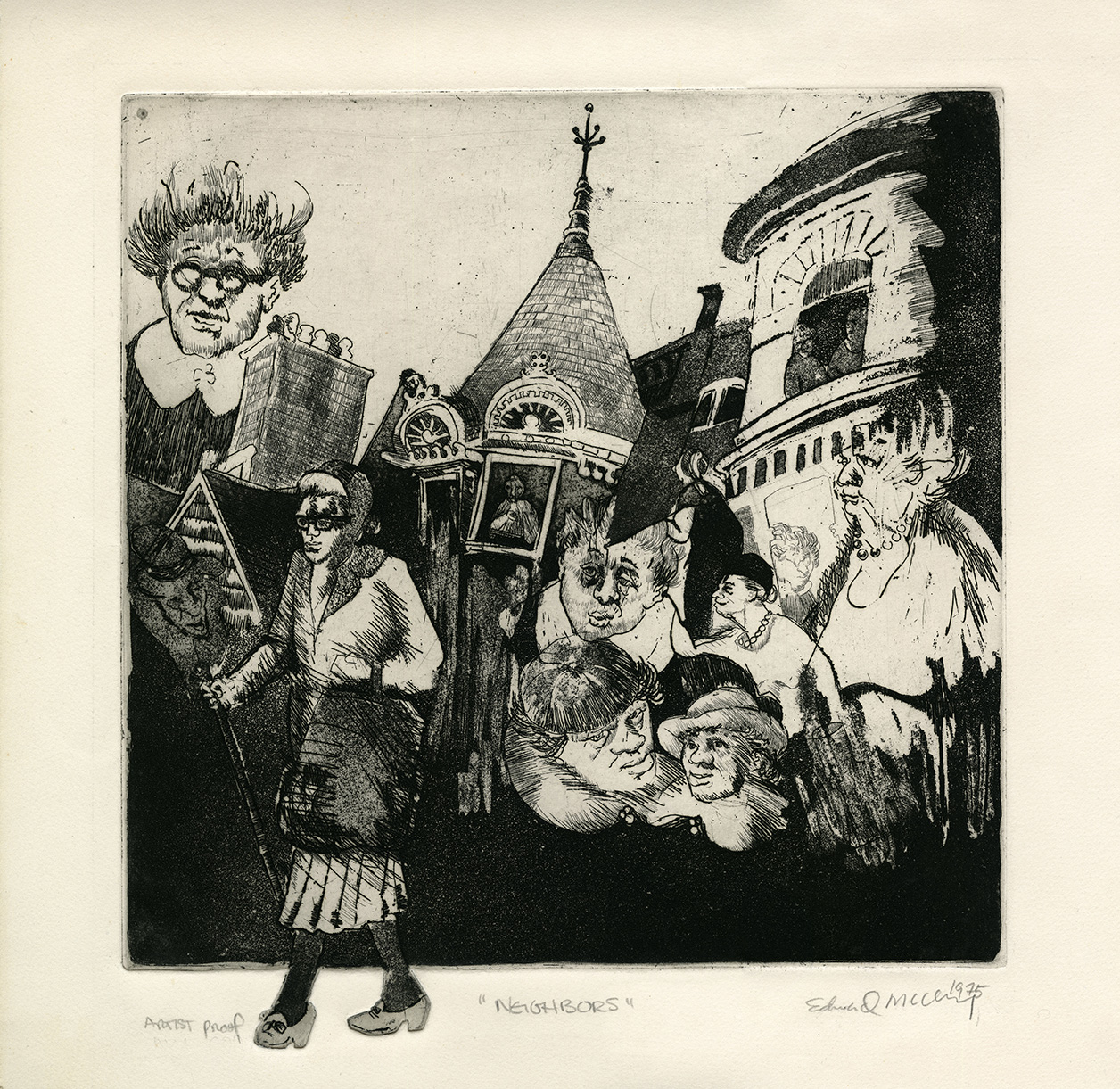 Woman walking in front of Victorian house with faces of other women behind and in front of the house. Etching on paper by Edward McCluney.