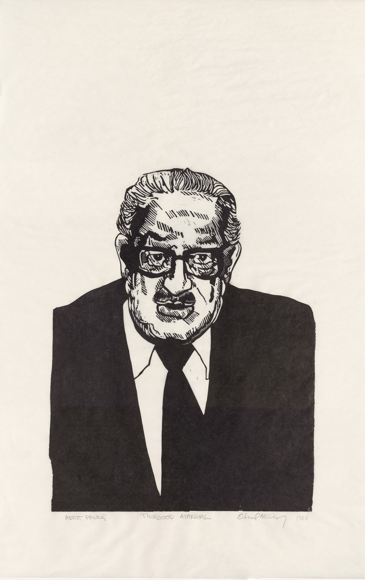Bust-length portrait of an esteemed-looking older man wearing a suit and tie and thick-framed glasses. The solidity of form gives the figure a monumental bearing. The name Thurgood Marshall is written at the bottom of the portrait. Linocut by Edward McCluney.