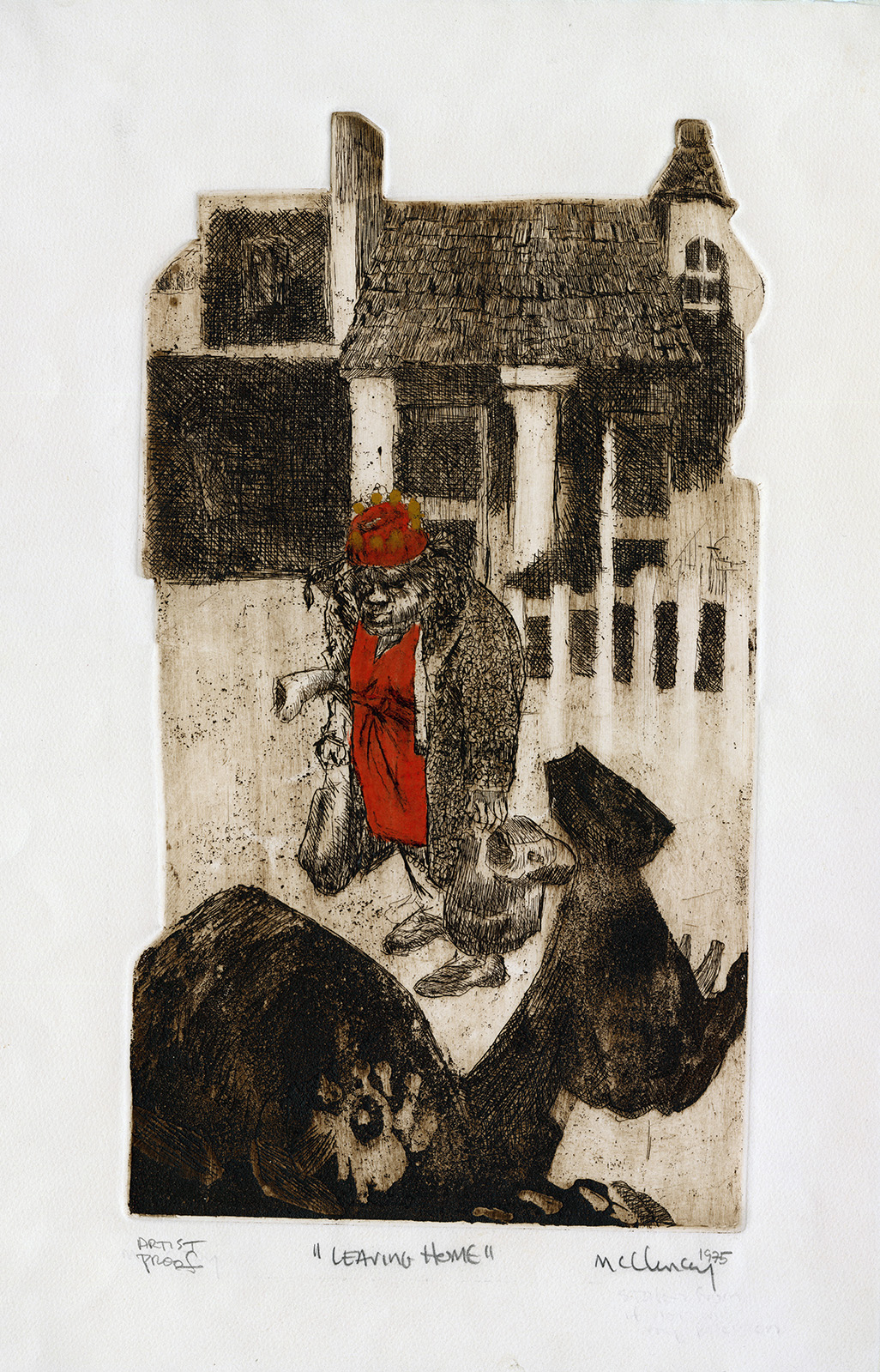 Woman in red dress and hat in front of a house carrying two bags. A backhoe stands in foreground. Etching in red and sepia by Edward McCluney.