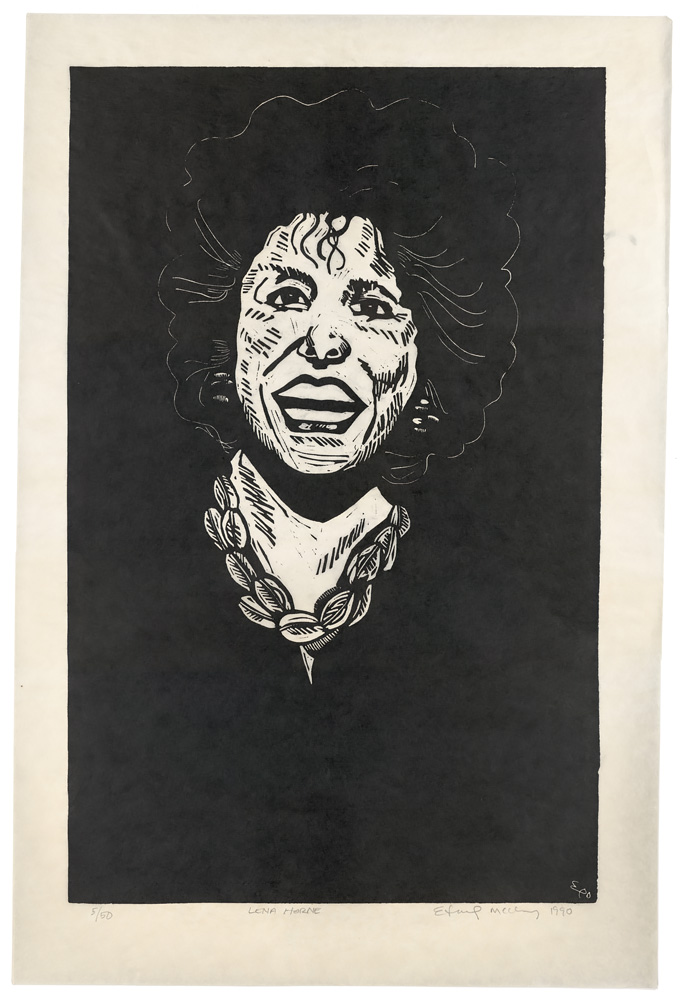 Bust-length portrait of a smiling, open-mouthed woman with natural hair and a necklace of leaves. The name Lena Horne is written at the bottom. Linocut by Edward McCluney.