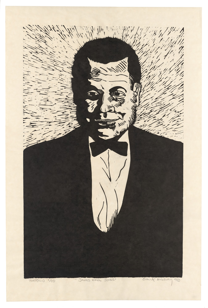 Bust-length portrait of a smiling man wearing a tuxedo with a bow tie. Patterned background gives the appearance of luminosity, as though the figure is in a spotlight. The name James Earl Jones is written at the bottom. Linocut by Edward McCluney.