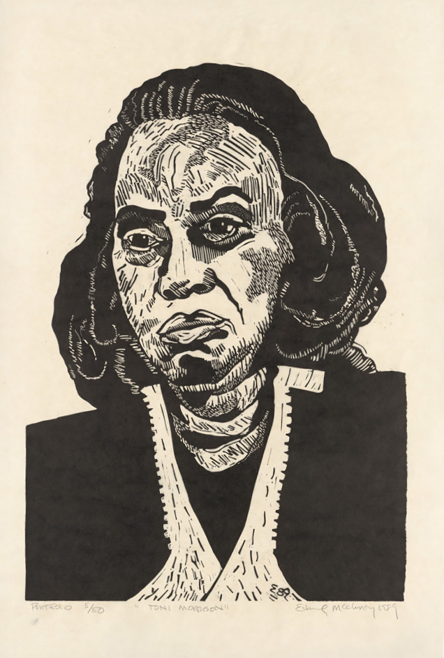 Bust-length portrait of a woman against blank background with apron strings tied around neck. Linoleum print by Edward McCluney.