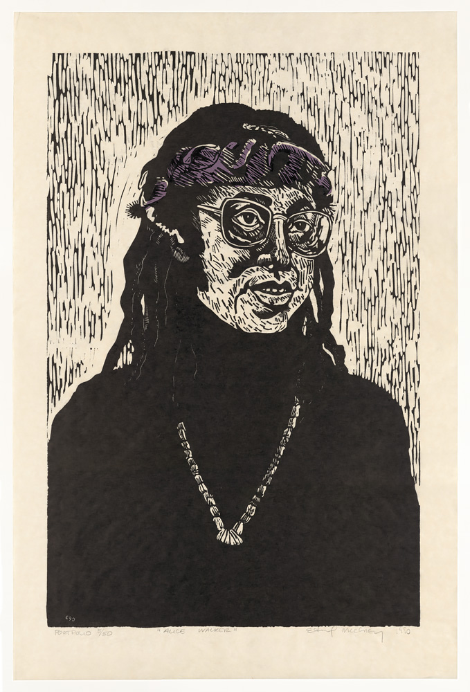 Bust-lengrh portrait of a woman facing 3/4 to right wearing glasses, turtleneck sweater and necklace. Linoleum print by Edward McCluney.