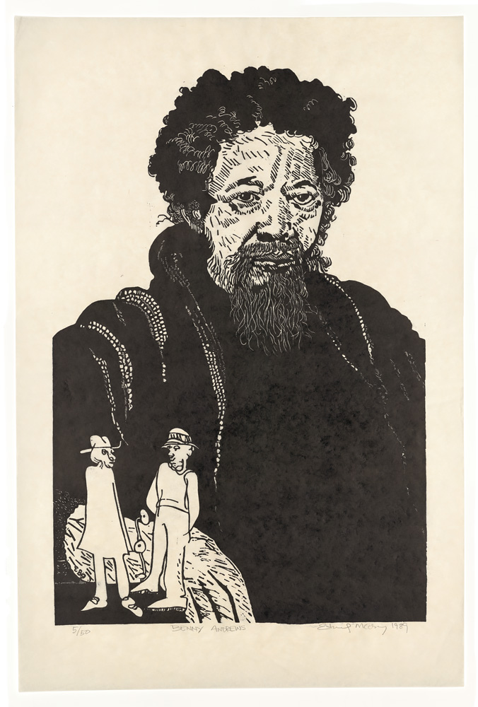 Portrait of a man with beard and mustache. Two small standing figures inset at lower left. Linoleum print by Edward McCluney.