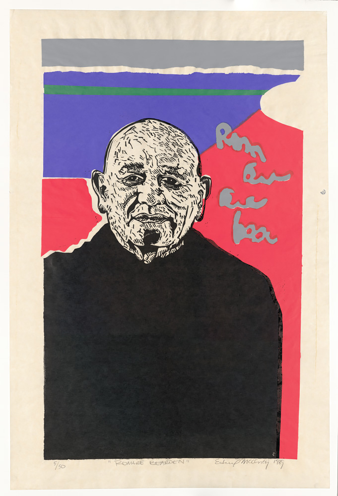 Bust-lengrh portrait of a bald headed man in black against a red and blue background. The name Romare Bearden appears in handwriting at right. Linoleum print by Edward McCluney.