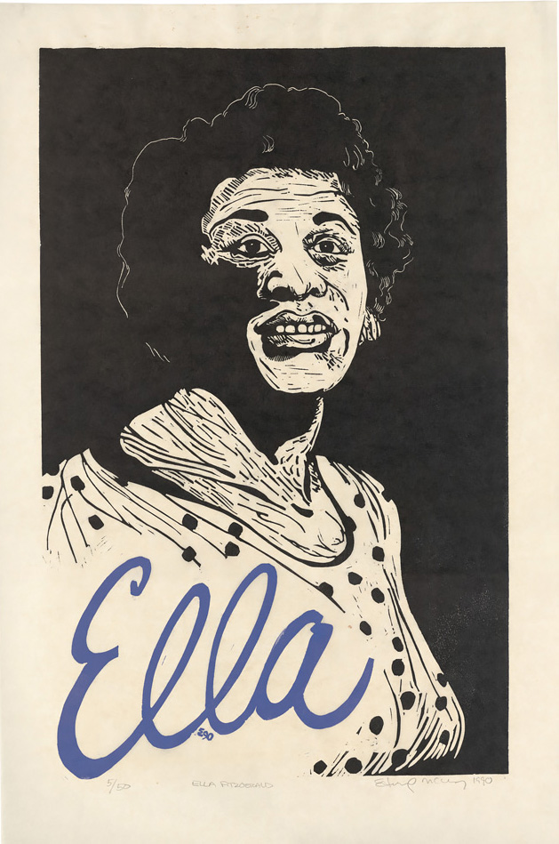 Three-quarter bust-length portrait of a woman wearing a polka-dot dress. "Ella" is written in a looping script in sea-blue ink. The name Ella Fitzgerald is written at the bottom. Color linocut by Edward McCluney.