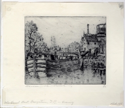 A boat along the C & O Canal in Georgetown. Etching by Benson Bond Moore.