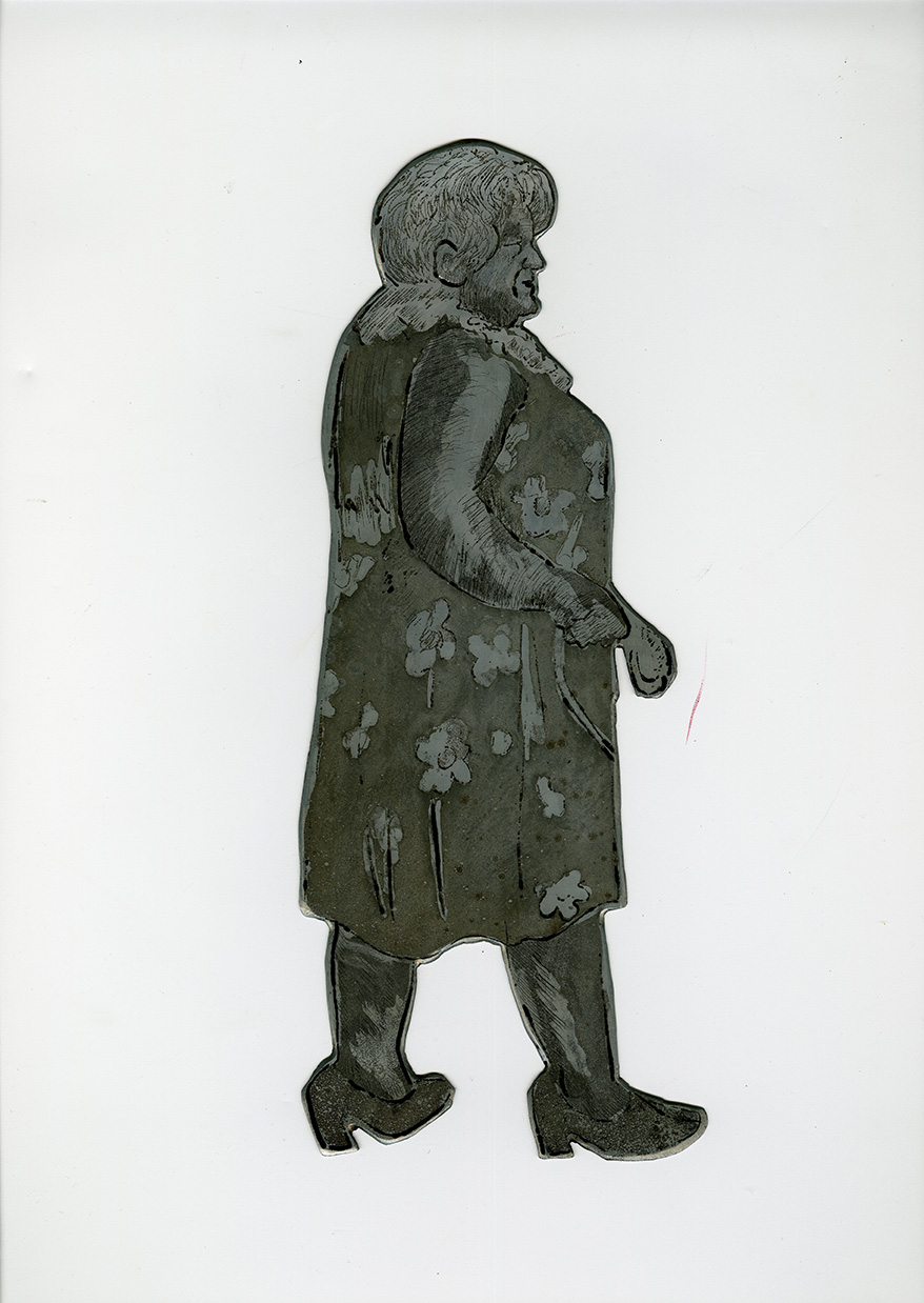 An older woman wears high-heeled shoes and a floral dress with a ruffly collar as she walks. Shaped zinc plate by Edward McCluney.