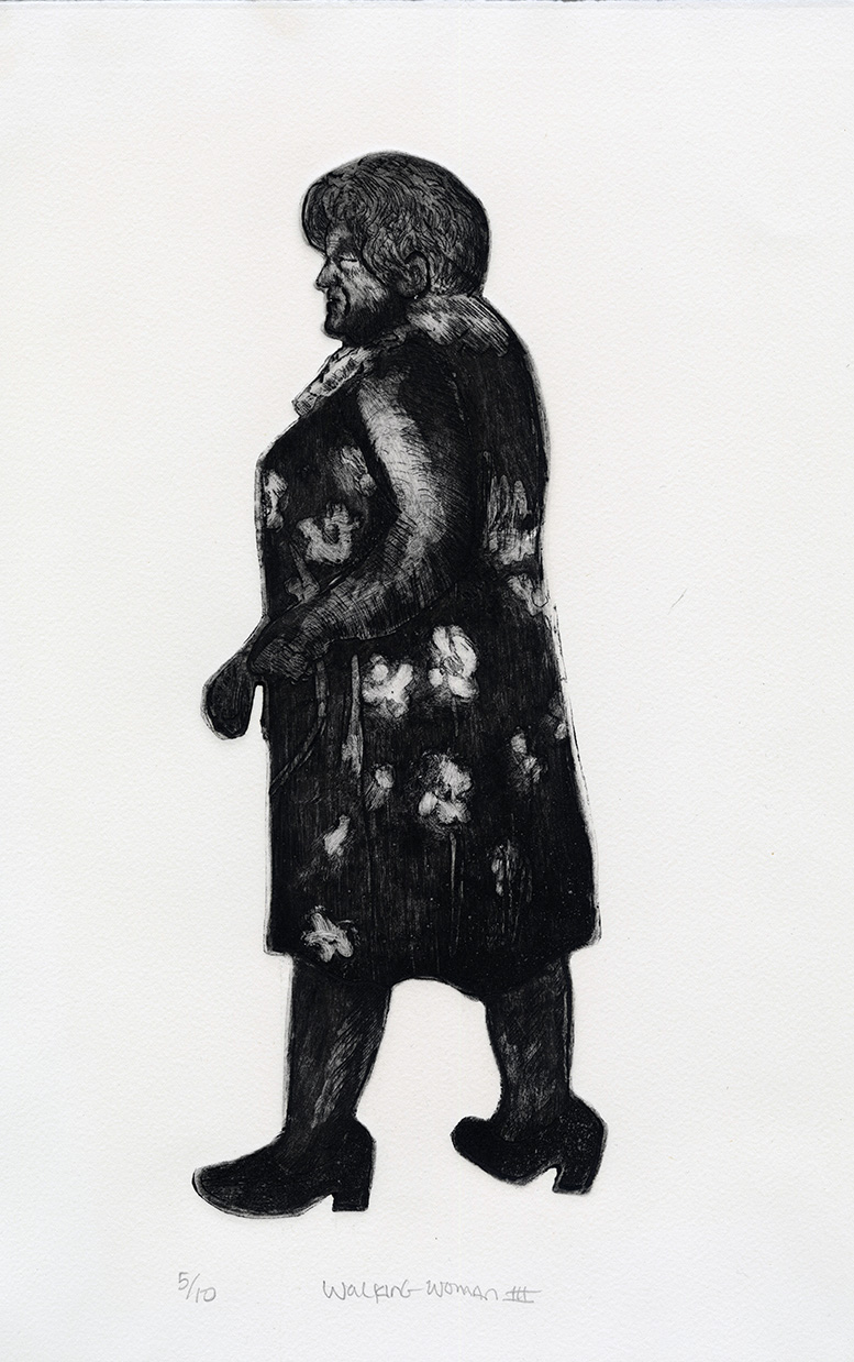 An older woman is depicted mid-step; she is wearing a dark dress with a lighter floral pattern, and high-heeled shoes. Shaped plate etching with aquatint by Edward McCluney.