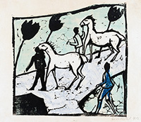 Two white horses facing left, each with a rider on foot leading their horse. An onlooker stands lower right, three trees in the background. German Expressionist color woodcut by Erich Heckel, 1912.