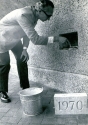 Photograph of University Librarian Joe Jeffs laying the LIbrary's cornerstone