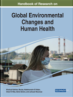 The book cover for the Handbook of Research on Global Environmental Changes and Human Health, showing a woman wearing a surgical mask with smokestacks in the background