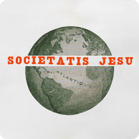 A globe with the words "Societatus Jesu" in red across the globe.