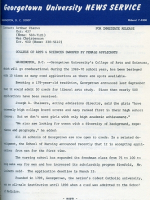 "College of Arts and Sciences Swamped by Female Applicants." Georgetown University News Release, February 26, 1969