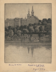 Distant view of Georgetown University across the Potomac River. Etching by Benson Bond Moore.
