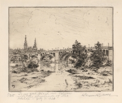 Distant view of Key Bridge, Georgetown, with spires of Healy Hall at left. Etching by Benson Bond Moore.