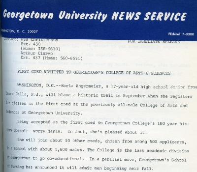 "First Coed Admitted to Georgetown's College of Arts and Sciences." Georgetown University News Service, May 12, 1969