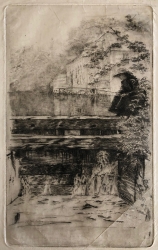 Woman seated on a bridge, while fishing from the C & O Canal, Georgetown. Etching by Margaret White Lesley Bush-Brown.