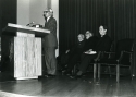 University Librarian Joe Jeffs speaks at the one millionth volume presentatio. Pictured here are (L-R) University Librarian Joe Jeffs, the Honorable John W. Snyder, Chairman of the Library Associates Board of Trustees, Georgetown University Timothy S. Healy, S.J., and Rector of the Jesuit Community James A. Devereux, S.J.
