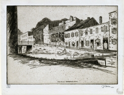 View across the C&O Canal in Georgetown showing old houses. Etching by Hirst Dillon Milhollen dated 1940.
